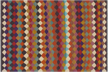 Flat Weave Kilim, Antique, Navaho, Vintage, Handmade, Modern Kilim Blue Beige Hand-Woven Rectangle 100% Wool Area Rug 6 x 8